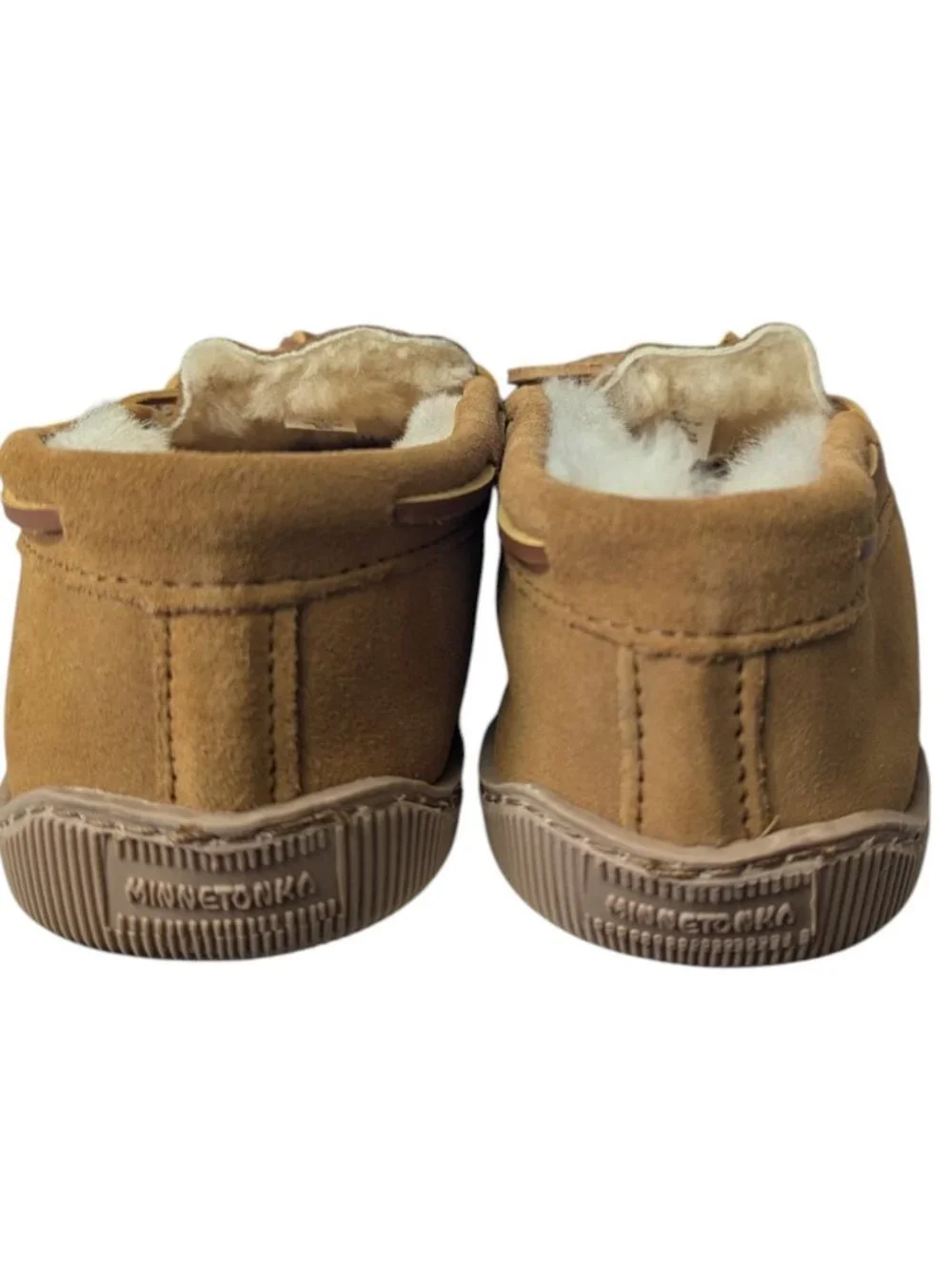 Minnetonka 3741W Moccasin Sheepskin Hardsole Mocs for Men Golden Tan Size 12